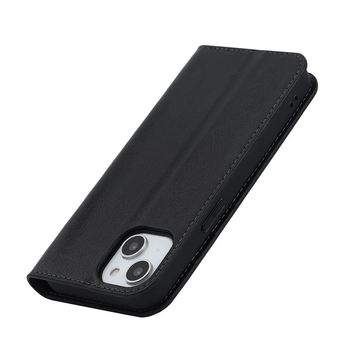 For iPhone 14 Plus Crazy Horse Texture Genuine Leather Wallet Case Stand Magnetic Auto-absorbed Folio Cover - Black - 7