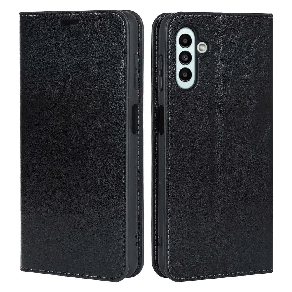 For Samsung Galaxy A13 5G / A04s 4G (164.7mm) Crazy Horse Texture Genuine Cow Leather Cover Magnetic Absorption Stand Wallet Phone Case - Black - 1