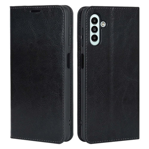 For Samsung Galaxy A13 5G / A04s 4G (164.7mm) Crazy Horse Texture Genuine Cow Leather Cover Magnetic Absorption Stand Wallet Phone Case - Black - 1