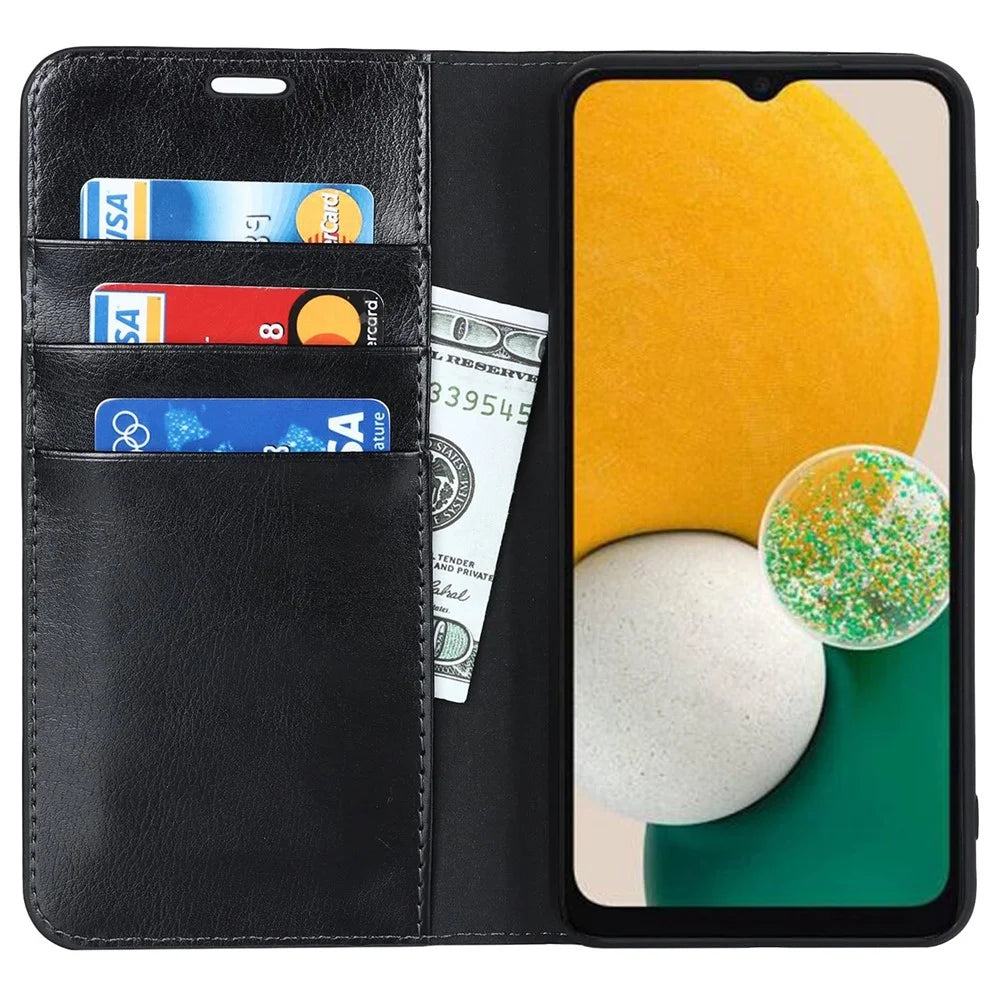 For Samsung Galaxy A13 5G / A04s 4G (164.7mm) Crazy Horse Texture Genuine Cow Leather Cover Magnetic Absorption Stand Wallet Phone Case - Black - 2