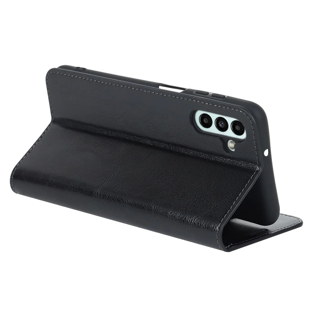 For Samsung Galaxy A13 5G / A04s 4G (164.7mm) Crazy Horse Texture Genuine Cow Leather Cover Magnetic Absorption Stand Wallet Phone Case - Black - 4