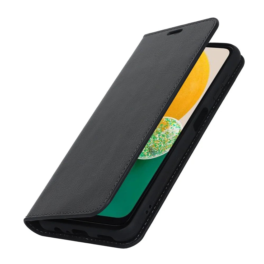 For Samsung Galaxy A13 5G / A04s 4G (164.7mm) Crazy Horse Texture Genuine Cow Leather Cover Magnetic Absorption Stand Wallet Phone Case - Black - 6