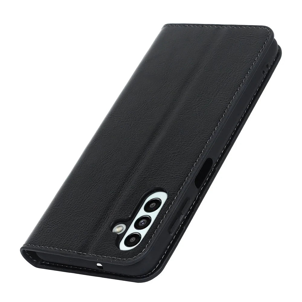For Samsung Galaxy A13 5G / A04s 4G (164.7mm) Crazy Horse Texture Genuine Cow Leather Cover Magnetic Absorption Stand Wallet Phone Case - Black - 7
