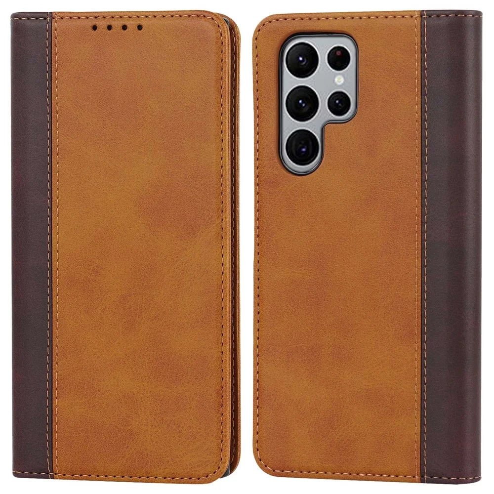 For Samsung Galaxy S22 Ultra 5G Bi-color Splicing Wallet Phone Case PU Leather Holder Folio Flip Stand Magnetic Absorption Cover - Yellow  /  Brown - 1