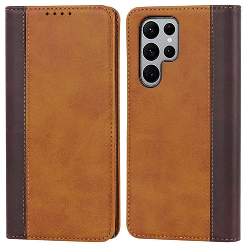 For Samsung Galaxy S22 Ultra 5G Bi-color Splicing Wallet Phone Case PU Leather Holder Folio Flip Stand Magnetic Absorption Cover - Yellow  /  Brown - 1