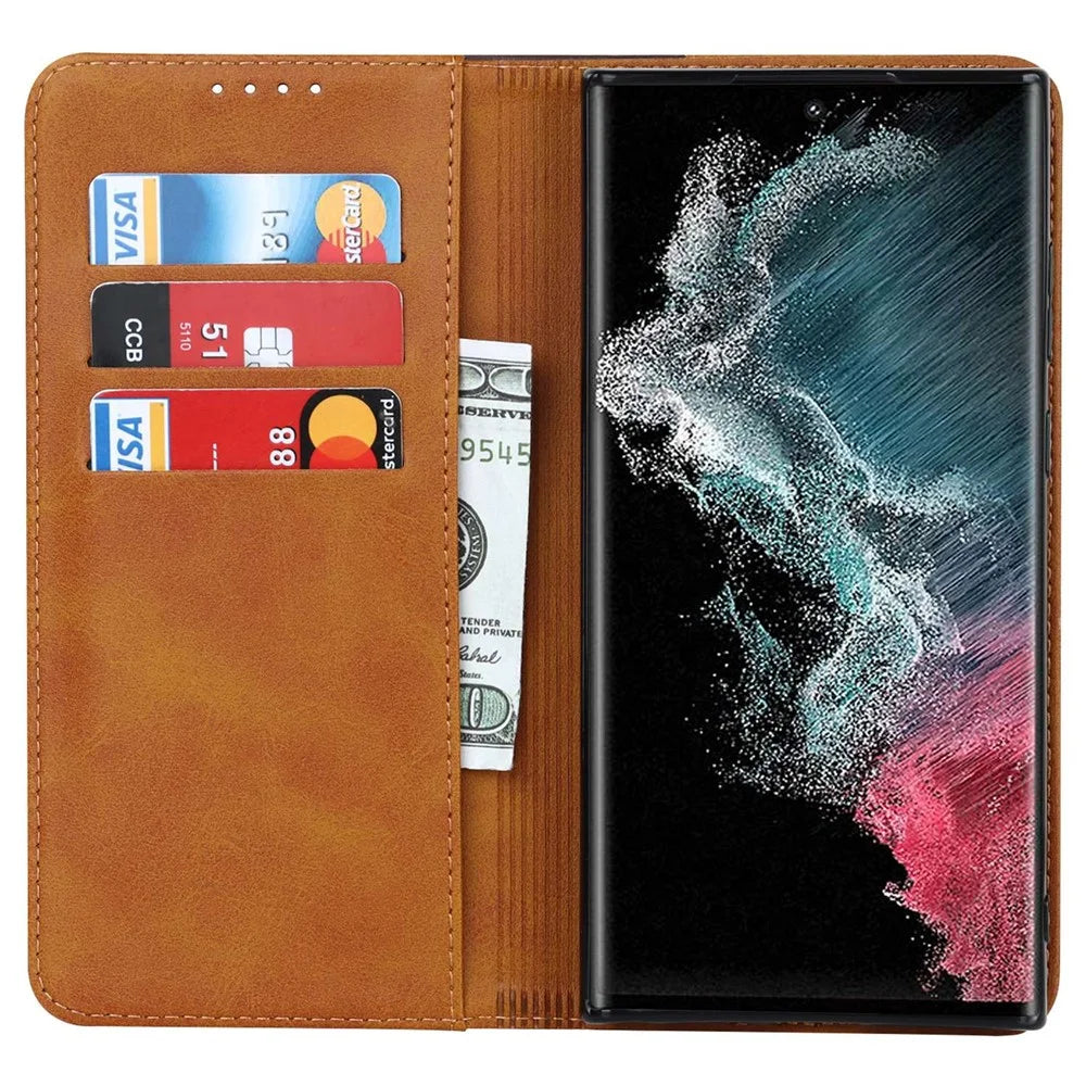 For Samsung Galaxy S22 Ultra 5G Bi-color Splicing Wallet Phone Case PU Leather Holder Folio Flip Stand Magnetic Absorption Cover - Yellow  /  Brown - 2