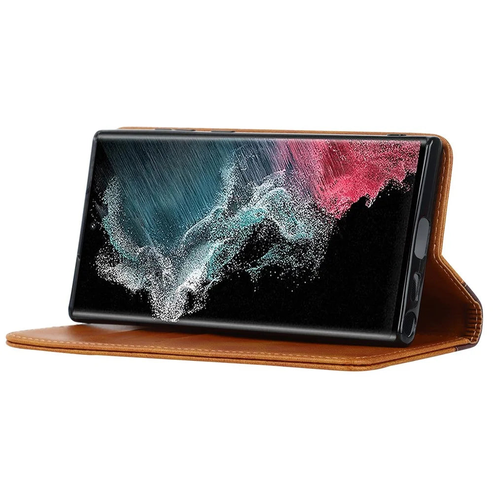 For Samsung Galaxy S22 Ultra 5G Bi-color Splicing Wallet Phone Case PU Leather Holder Folio Flip Stand Magnetic Absorption Cover - Yellow  /  Brown - 3