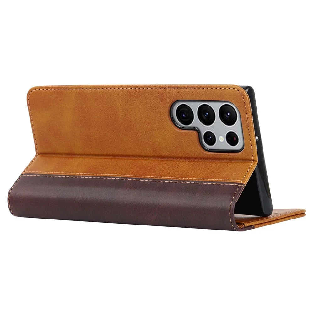 For Samsung Galaxy S22 Ultra 5G Bi-color Splicing Wallet Phone Case PU Leather Holder Folio Flip Stand Magnetic Absorption Cover - Yellow  /  Brown - 4