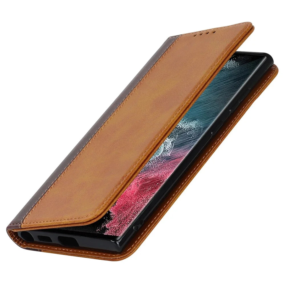 For Samsung Galaxy S22 Ultra 5G Bi-color Splicing Wallet Phone Case PU Leather Holder Folio Flip Stand Magnetic Absorption Cover - Yellow  /  Brown - 6