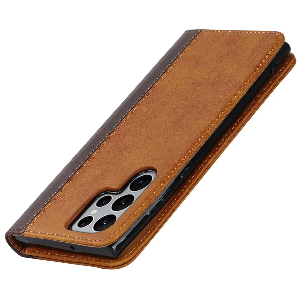 For Samsung Galaxy S22 Ultra 5G Bi-color Splicing Wallet Phone Case PU Leather Holder Folio Flip Stand Magnetic Absorption Cover - Yellow  /  Brown - 7
