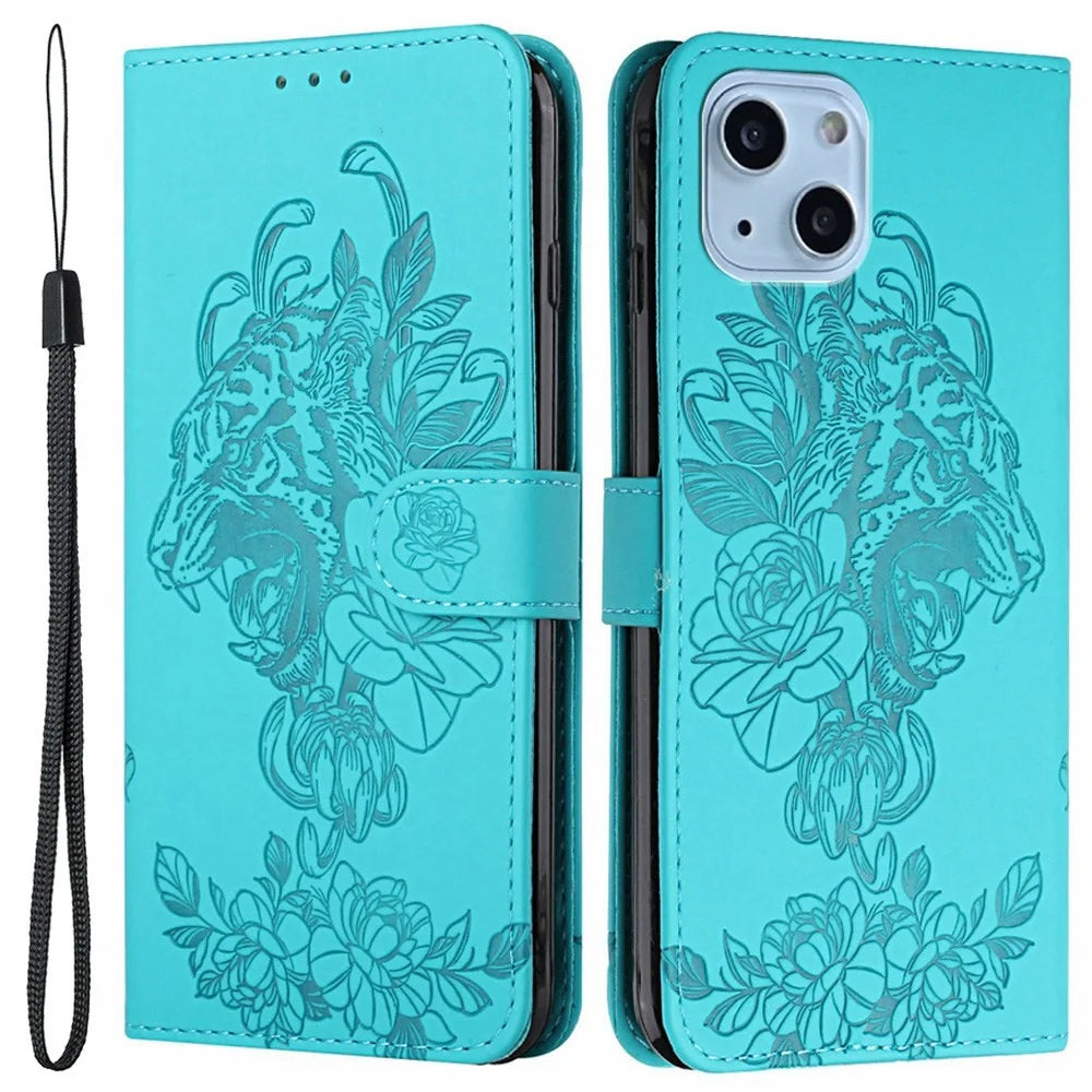 For iPhone 14 6.1 inch PU Leather Case Wallet Stand Function Tiger Head Imprinted Flip Cover with Wrist Strap - Baby Blue - 1