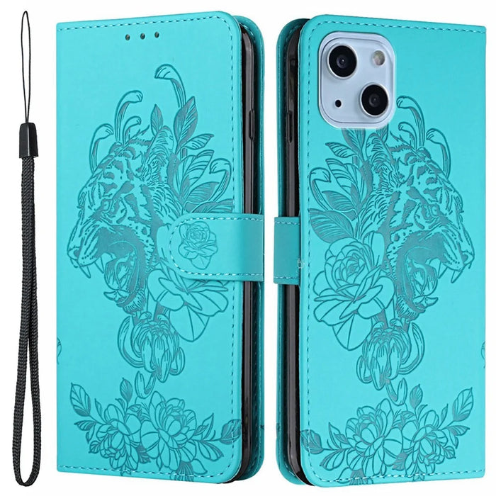 For iPhone 14 6.1 inch PU Leather Case Wallet Stand Function Tiger Head Imprinted Flip Cover with Wrist Strap - Baby Blue - 1