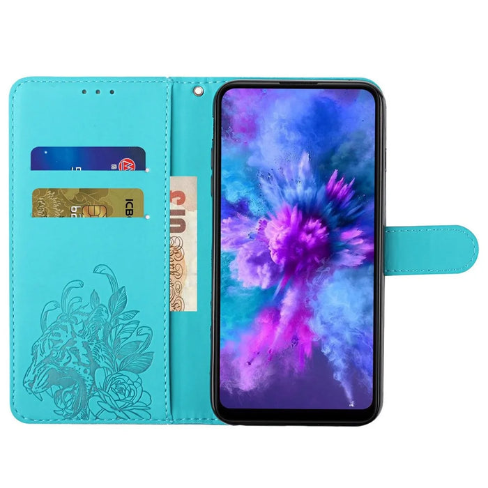 For iPhone 14 6.1 inch PU Leather Case Wallet Stand Function Tiger Head Imprinted Flip Cover with Wrist Strap - Baby Blue - 2