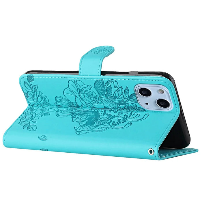 For iPhone 14 6.1 inch PU Leather Case Wallet Stand Function Tiger Head Imprinted Flip Cover with Wrist Strap - Baby Blue - 3