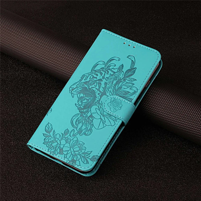 For iPhone 14 6.1 inch PU Leather Case Wallet Stand Function Tiger Head Imprinted Flip Cover with Wrist Strap - Baby Blue - 5