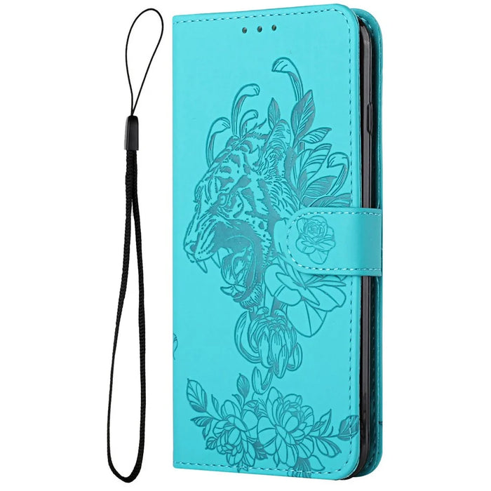 For iPhone 14 6.1 inch PU Leather Case Wallet Stand Function Tiger Head Imprinted Flip Cover with Wrist Strap - Baby Blue - 6