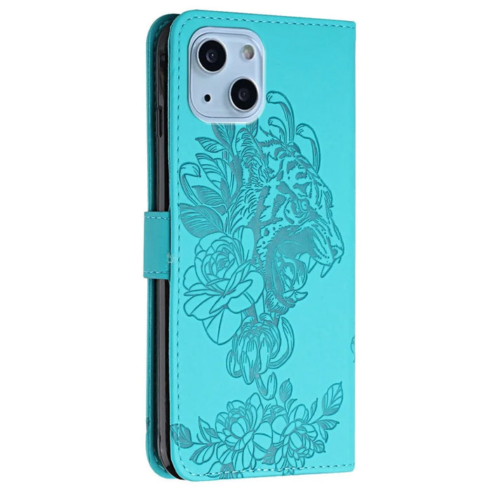 For iPhone 14 6.1 inch PU Leather Case Wallet Stand Function Tiger Head Imprinted Flip Cover with Wrist Strap - Baby Blue - 7