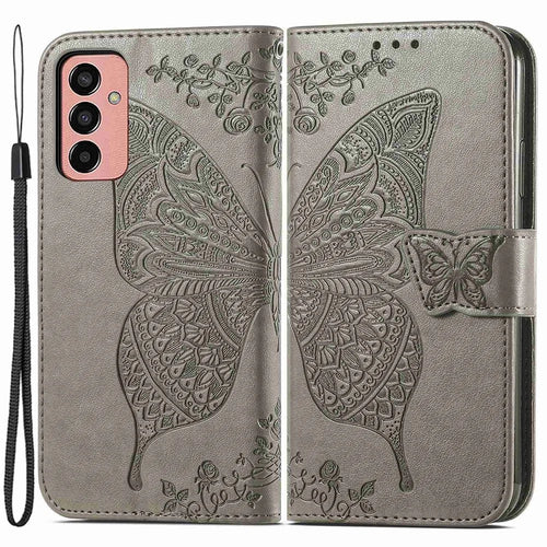 For Samsung Galaxy M13 4G PU Leather Stand Wallet Case Collision Proof Imprinted Butterfly Pattern Cell Phone Cover - Grey - 1