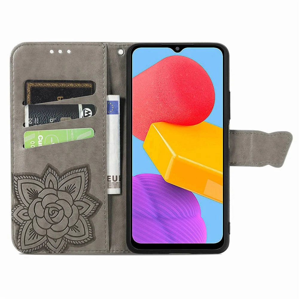 For Samsung Galaxy M13 4G PU Leather Stand Wallet Case Collision Proof Imprinted Butterfly Pattern Cell Phone Cover - Grey - 2