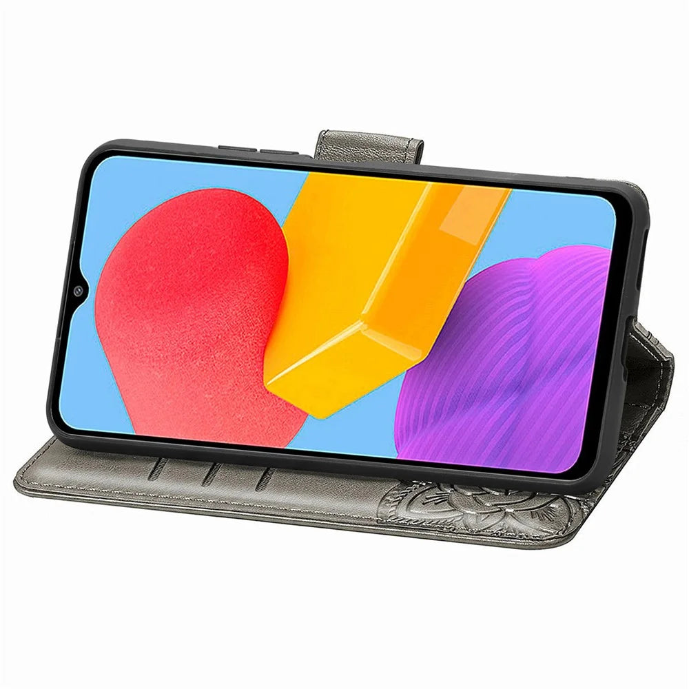 For Samsung Galaxy M13 4G PU Leather Stand Wallet Case Collision Proof Imprinted Butterfly Pattern Cell Phone Cover - Grey - 3