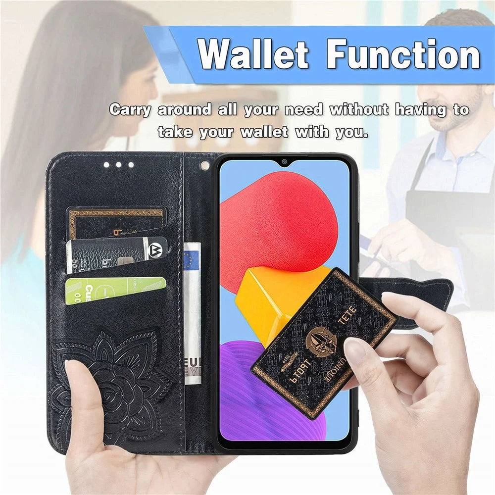 For Samsung Galaxy M13 4G PU Leather Stand Wallet Case Collision Proof Imprinted Butterfly Pattern Cell Phone Cover - Grey - 4