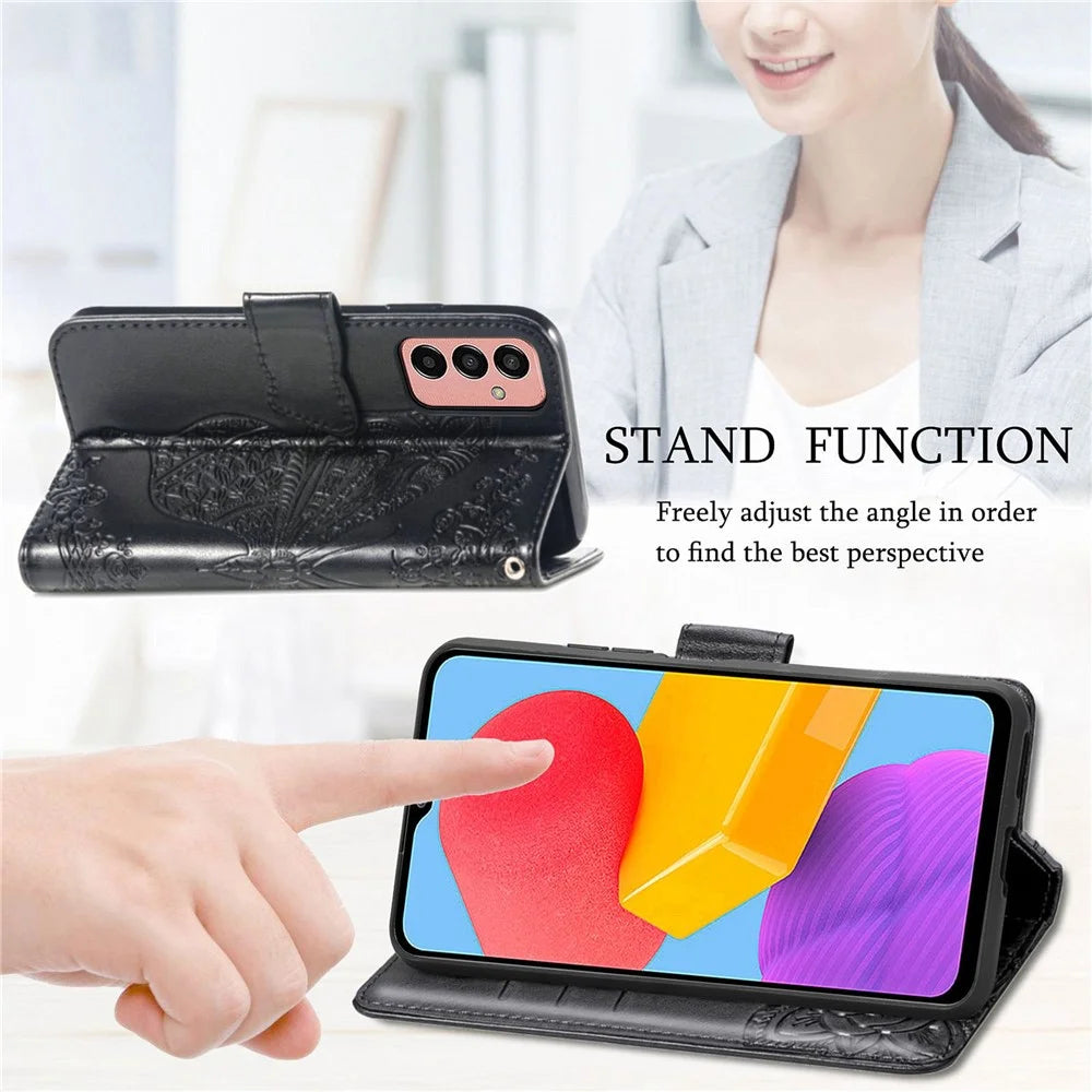 For Samsung Galaxy M13 4G PU Leather Stand Wallet Case Collision Proof Imprinted Butterfly Pattern Cell Phone Cover - Grey - 6