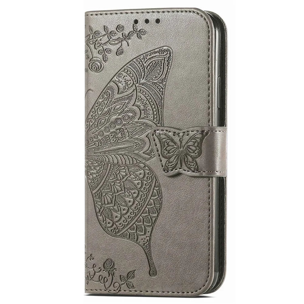 For Samsung Galaxy M13 4G PU Leather Stand Wallet Case Collision Proof Imprinted Butterfly Pattern Cell Phone Cover - Grey - 7