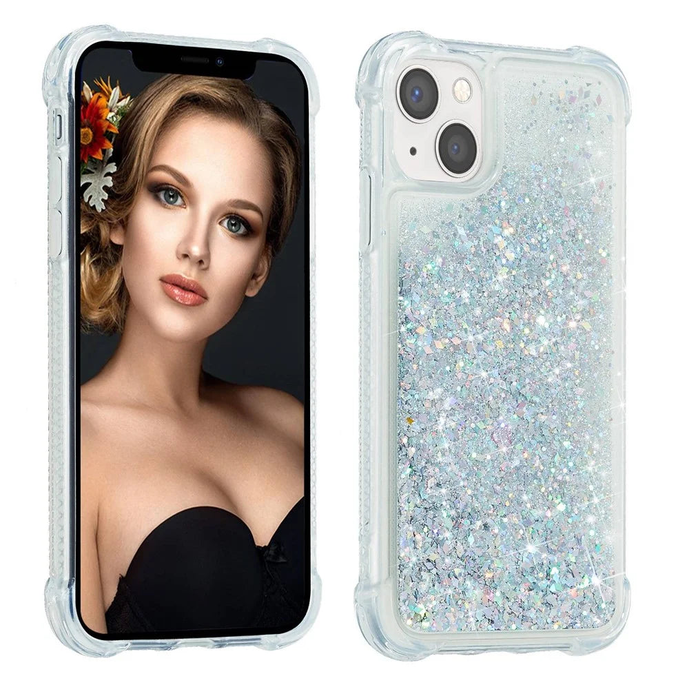 For iPhone 14 Plus Glitter Quicksand Liquid Phone Case Transparent Flexible TPU Cushion Protective Cover - Silver - 2
