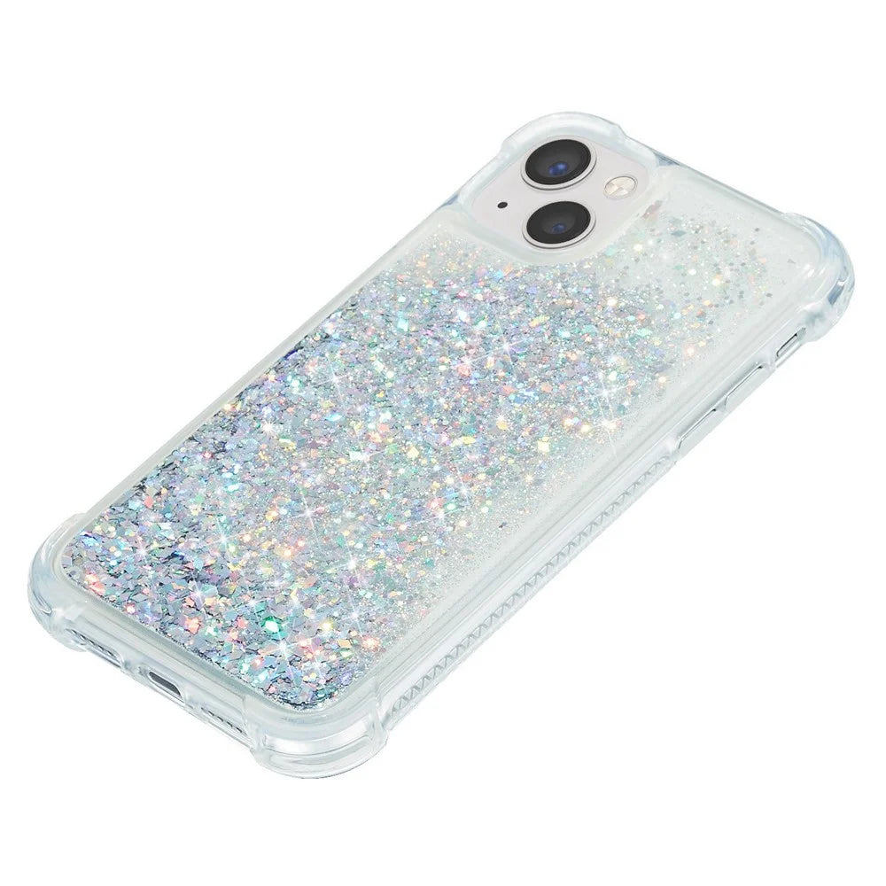 For iPhone 14 Plus Glitter Quicksand Liquid Phone Case Transparent Flexible TPU Cushion Protective Cover - Silver - 5