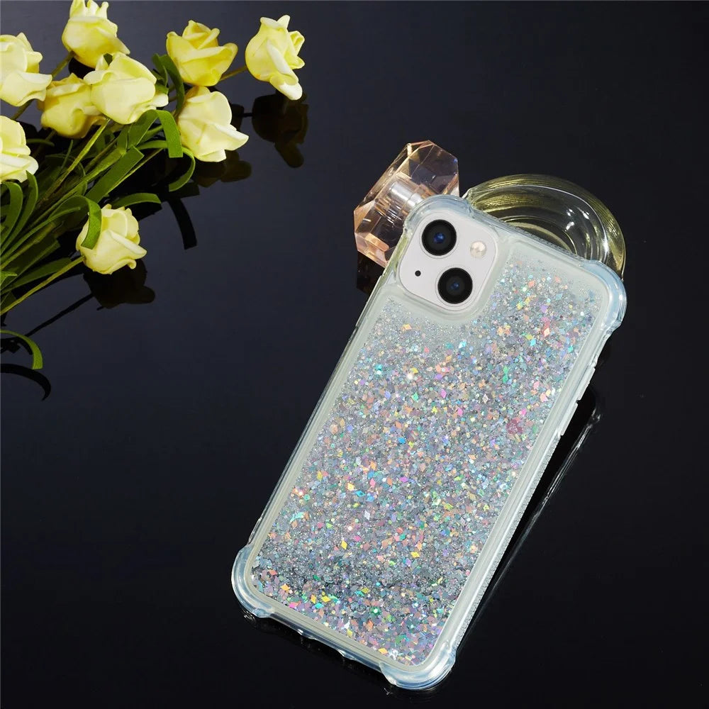 For iPhone 14 Plus Glitter Quicksand Liquid Phone Case Transparent Flexible TPU Cushion Protective Cover - Silver - 6