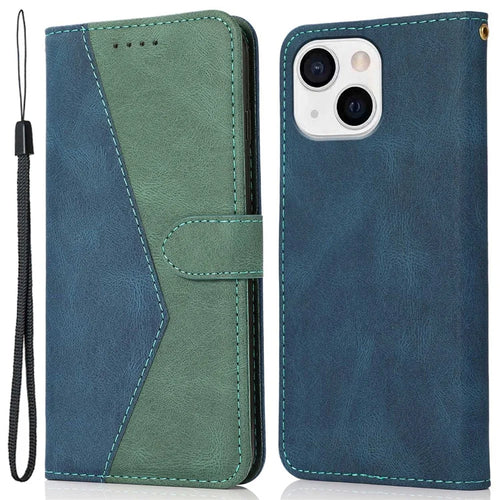 For iPhone 14 6.1 inch Dual-color Splicing PU Leather Wallet Stand Folio Flip Case Cover with Wrist Strap - Blue / Green - 1