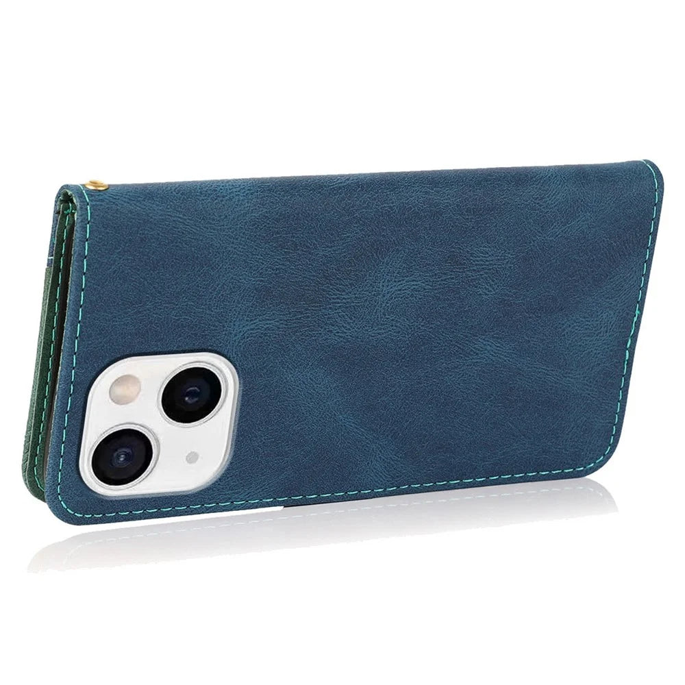 For iPhone 14 6.1 inch Dual-color Splicing PU Leather Wallet Stand Folio Flip Case Cover with Wrist Strap - Blue / Green - 4