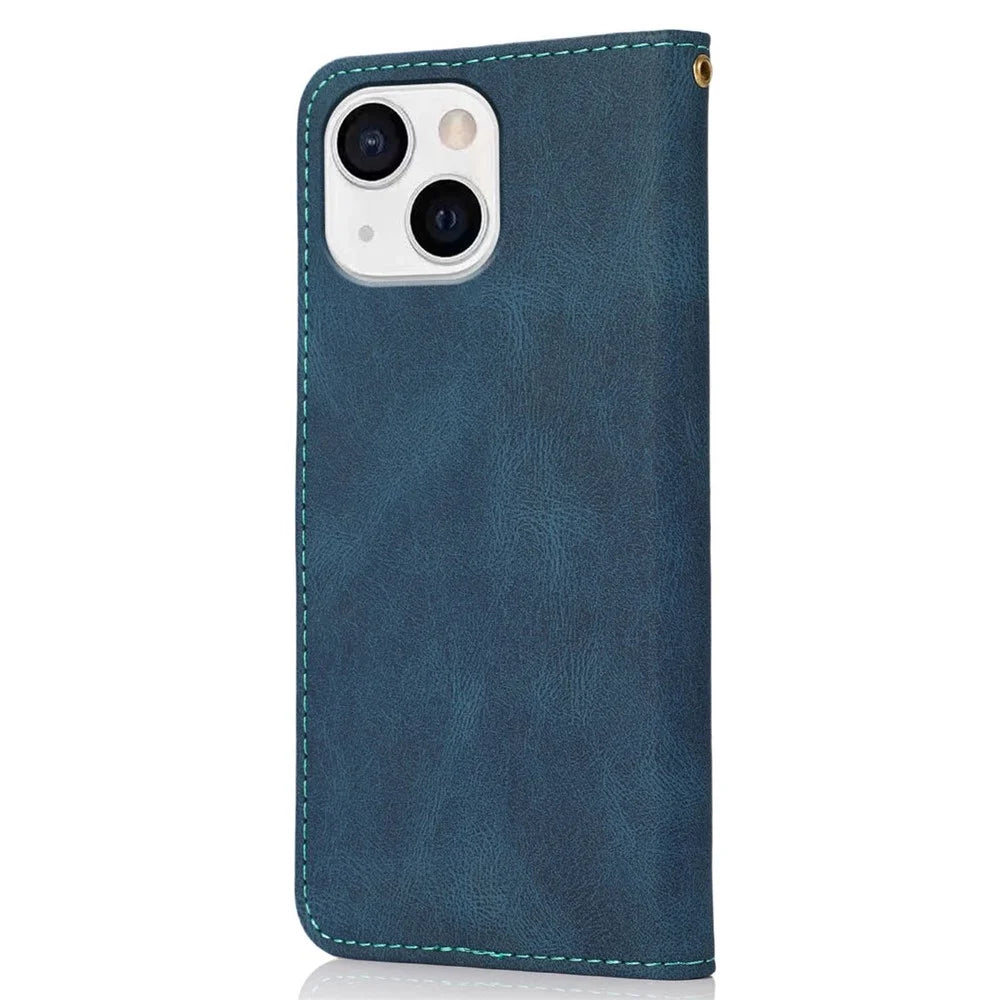 For iPhone 14 6.1 inch Dual-color Splicing PU Leather Wallet Stand Folio Flip Case Cover with Wrist Strap - Blue / Green - 6