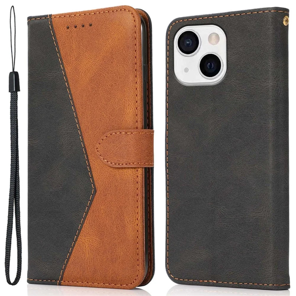 For iPhone 14 Plus Dual-color Splicing PU Leather Wallet Stand Anti-fall Case Cover with Wrist Strap - Black / Brown - 1