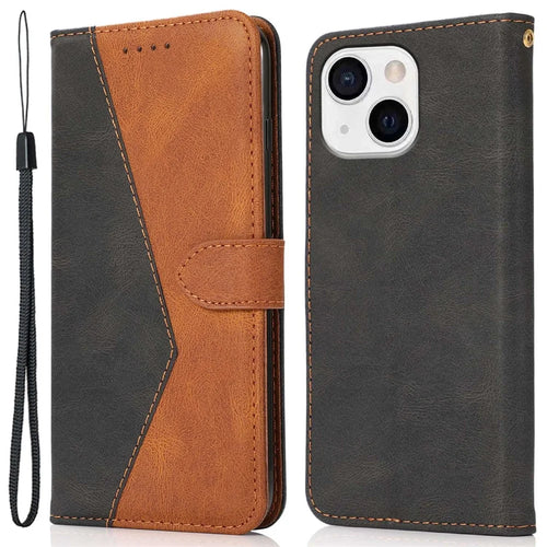 For iPhone 14 Plus Dual-color Splicing PU Leather Wallet Stand Anti-fall Case Cover with Wrist Strap - Black / Brown - 1