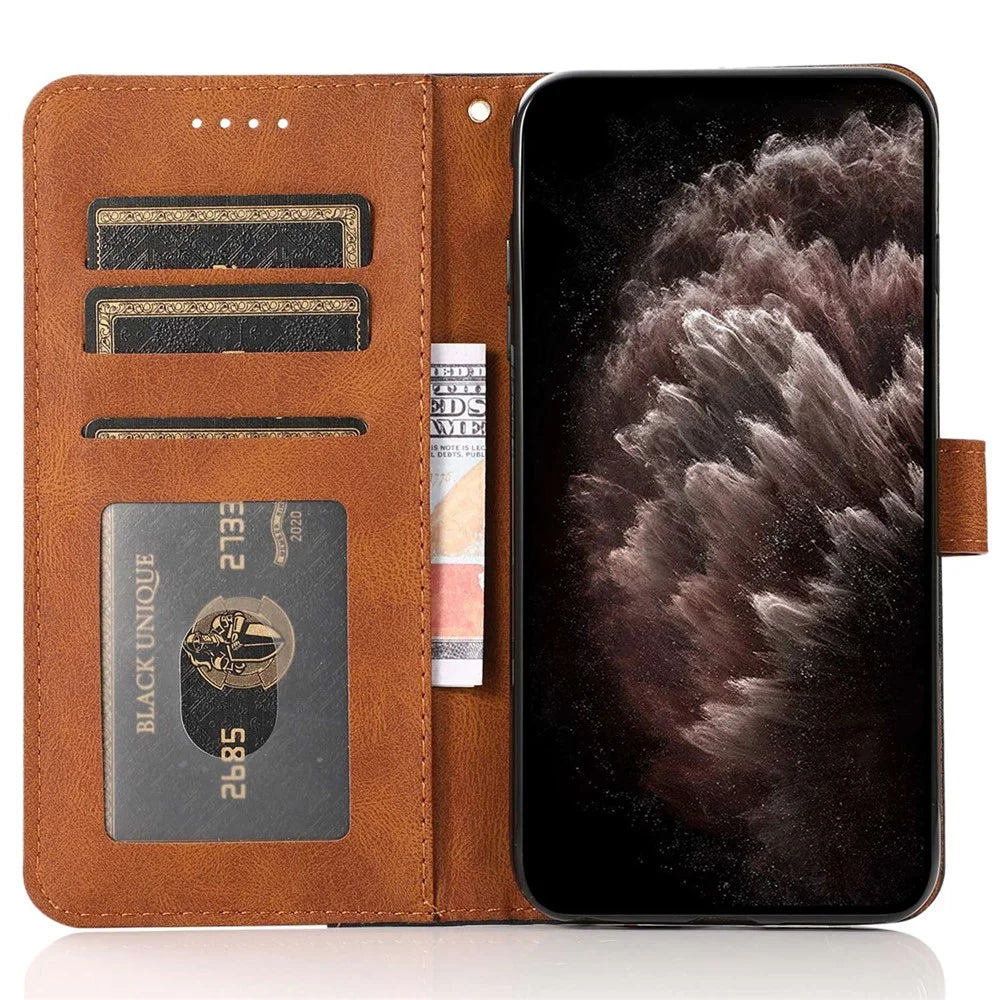 For iPhone 14 Plus Dual-color Splicing PU Leather Wallet Stand Anti-fall Case Cover with Wrist Strap - Black / Brown - 2