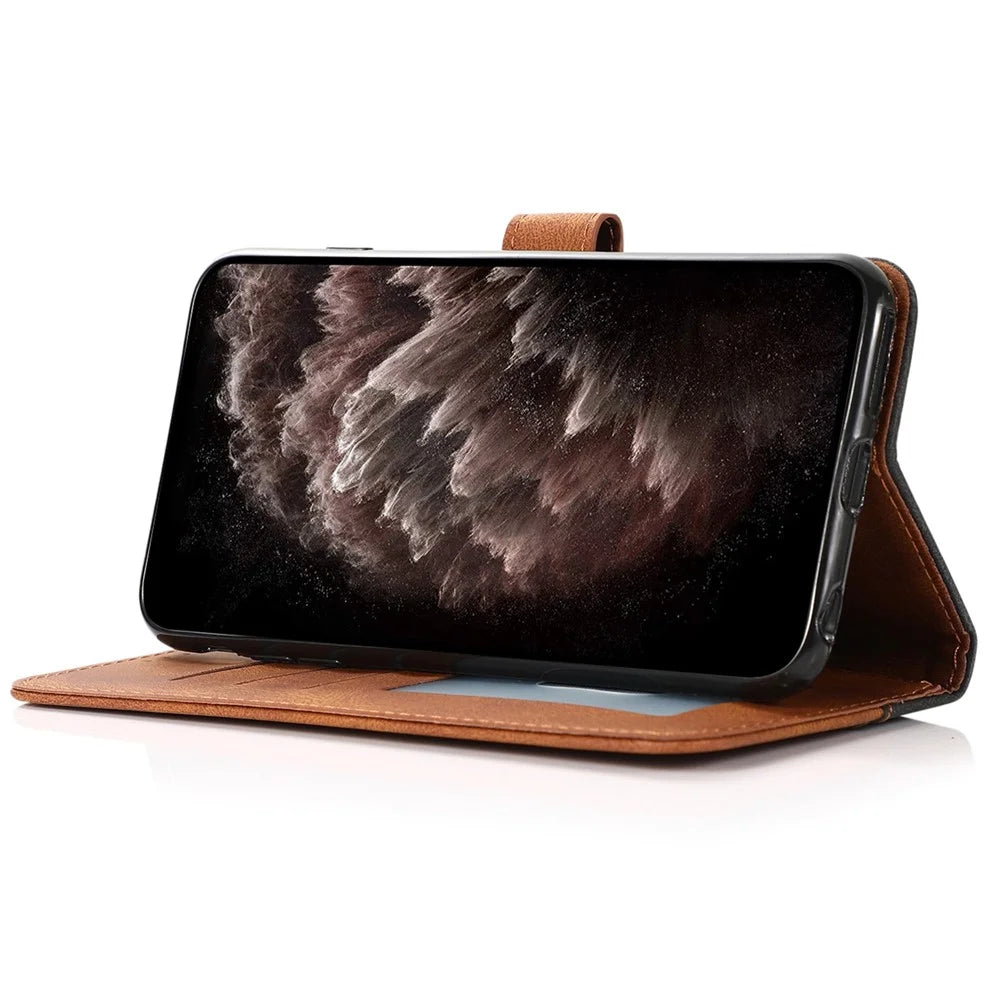 For iPhone 14 Plus Dual-color Splicing PU Leather Wallet Stand Anti-fall Case Cover with Wrist Strap - Black / Brown - 3