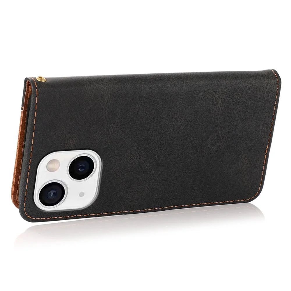 For iPhone 14 Plus Dual-color Splicing PU Leather Wallet Stand Anti-fall Case Cover with Wrist Strap - Black / Brown - 4