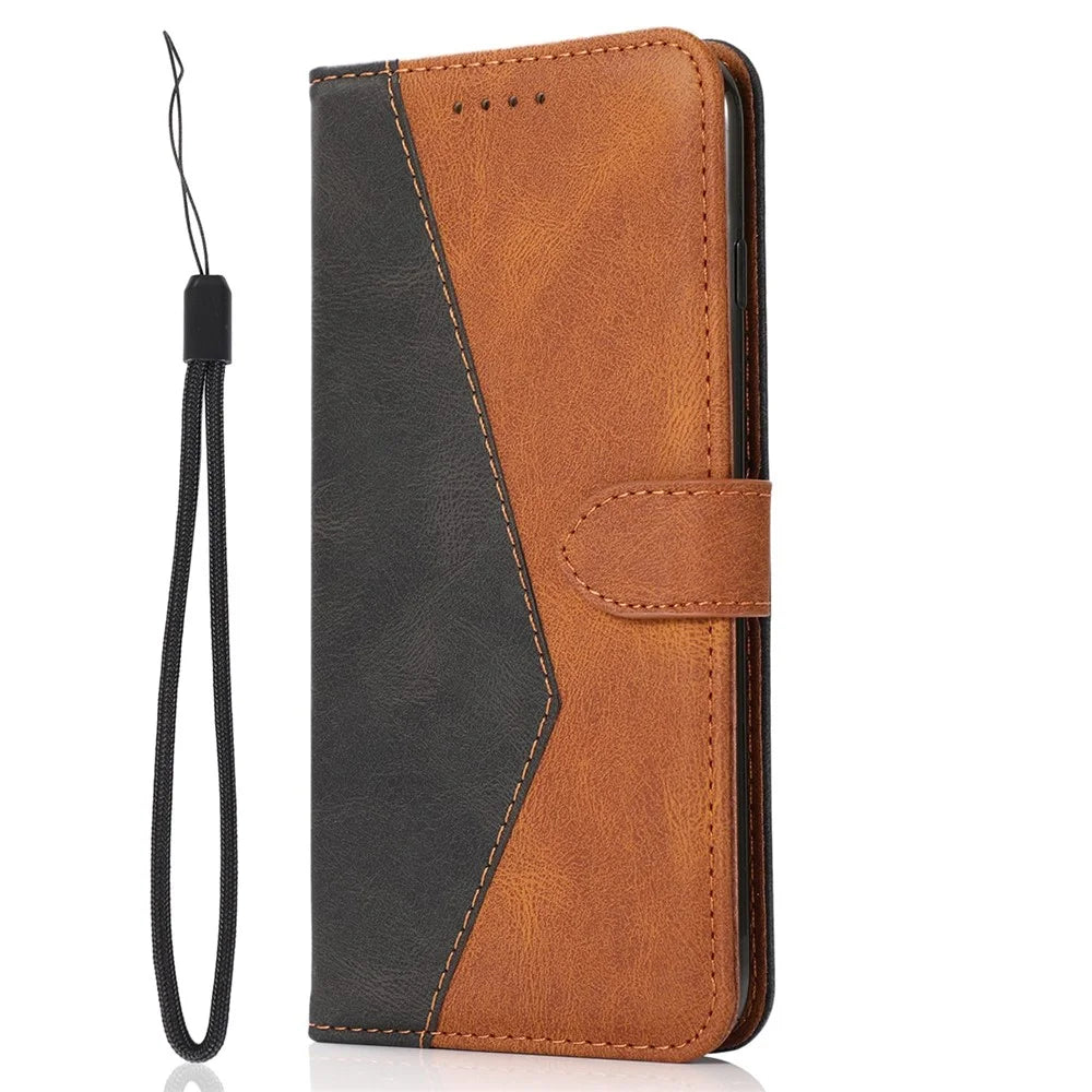 For iPhone 14 Plus Dual-color Splicing PU Leather Wallet Stand Anti-fall Case Cover with Wrist Strap - Black / Brown - 5
