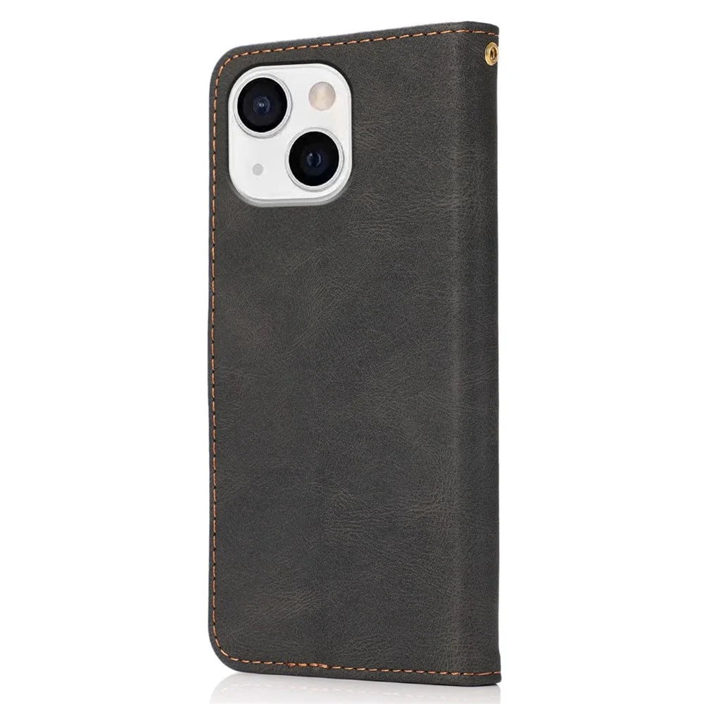 For iPhone 14 Plus Dual-color Splicing PU Leather Wallet Stand Anti-fall Case Cover with Wrist Strap - Black / Brown - 6