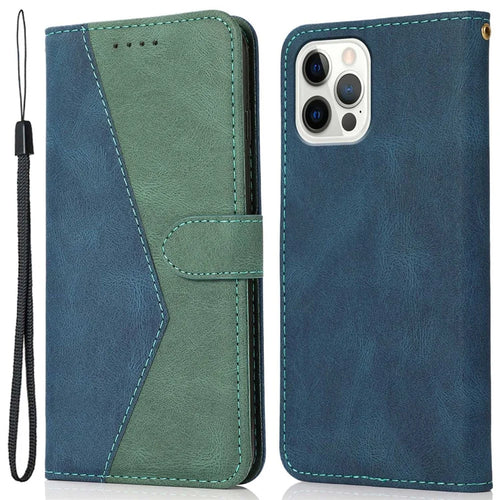 For iPhone 14 Pro 6.1 inch Impact Resistant Dual-color Splicing PU Leather Wallet Stand Case Cover with Wrist Strap - Blue / Green - 1