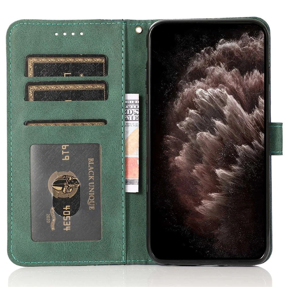 For iPhone 14 Pro 6.1 inch Impact Resistant Dual-color Splicing PU Leather Wallet Stand Case Cover with Wrist Strap - Blue / Green - 2
