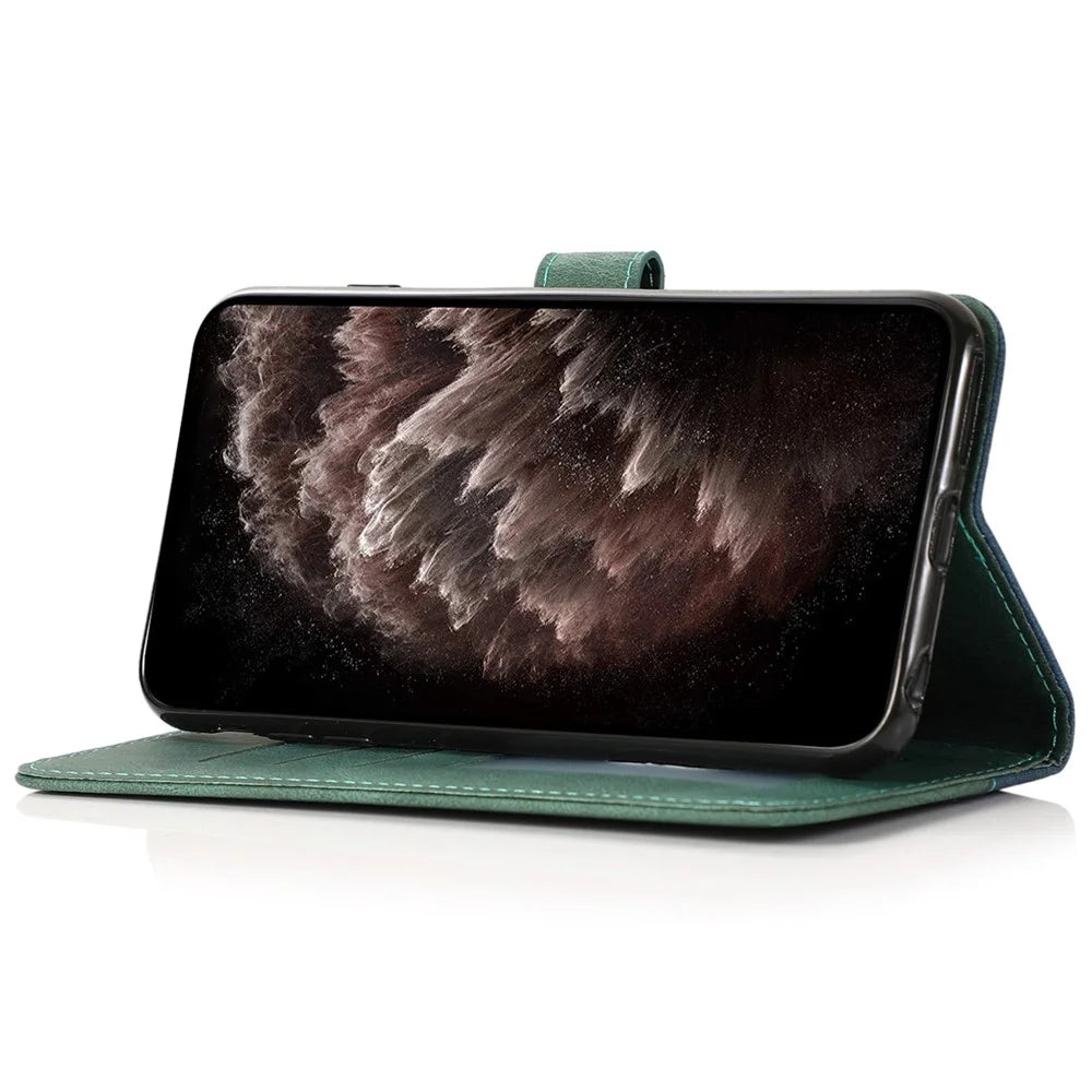 For iPhone 14 Pro 6.1 inch Impact Resistant Dual-color Splicing PU Leather Wallet Stand Case Cover with Wrist Strap - Blue / Green - 3