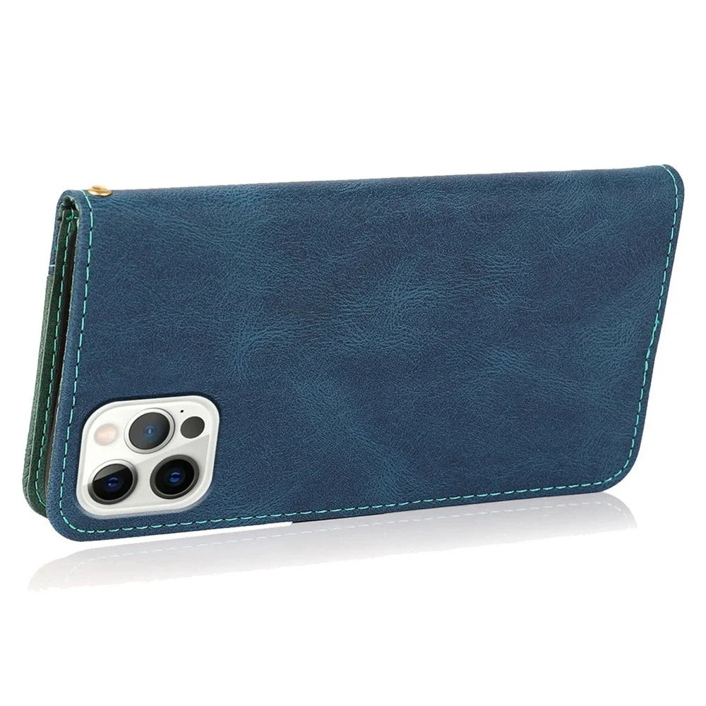For iPhone 14 Pro 6.1 inch Impact Resistant Dual-color Splicing PU Leather Wallet Stand Case Cover with Wrist Strap - Blue / Green - 4