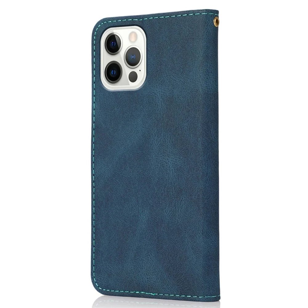 For iPhone 14 Pro 6.1 inch Impact Resistant Dual-color Splicing PU Leather Wallet Stand Case Cover with Wrist Strap - Blue / Green - 6