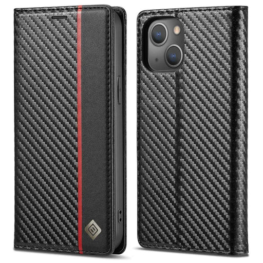 LC.IMEEKE for iPhone 14 Plus Carbon Fiber Texture Wallet Stand Design PU Leather Magnetic Auto Closing Phone Case Cover - Vertical Stripe - 1