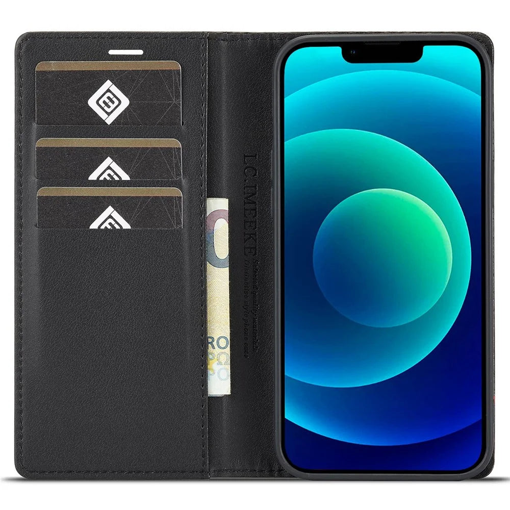 LC.IMEEKE for iPhone 14 Plus Carbon Fiber Texture Wallet Stand Design PU Leather Magnetic Auto Closing Phone Case Cover - Vertical Stripe - 2