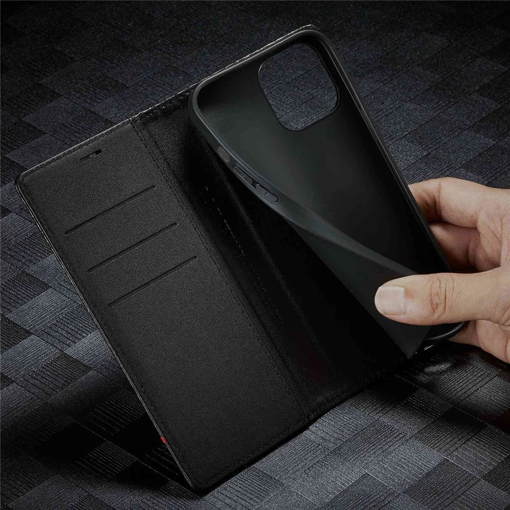 LC.IMEEKE for iPhone 14 Plus Carbon Fiber Texture Wallet Stand Design PU Leather Magnetic Auto Closing Phone Case Cover - Vertical Stripe - 4