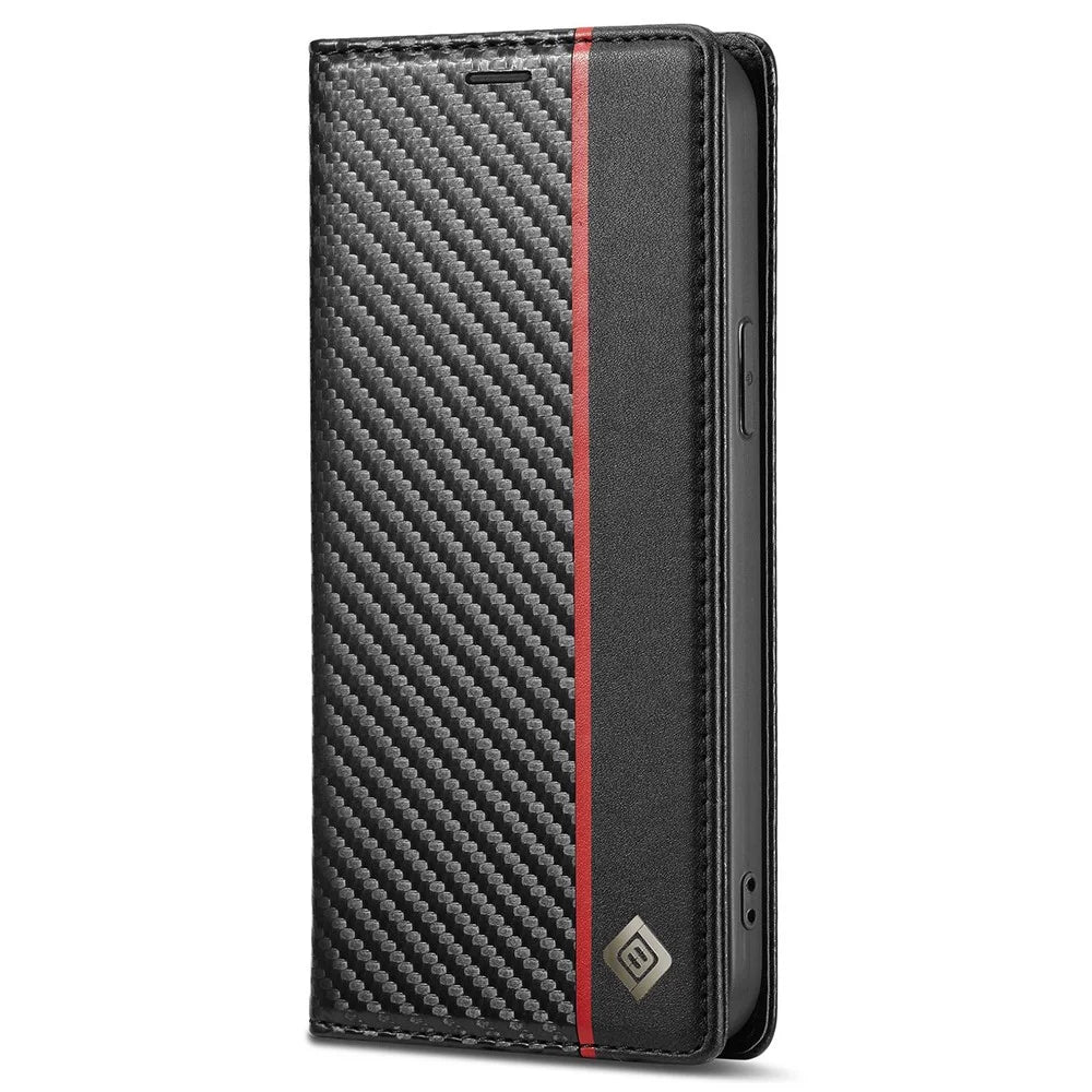 LC.IMEEKE for iPhone 14 Plus Carbon Fiber Texture Wallet Stand Design PU Leather Magnetic Auto Closing Phone Case Cover - Vertical Stripe - 6