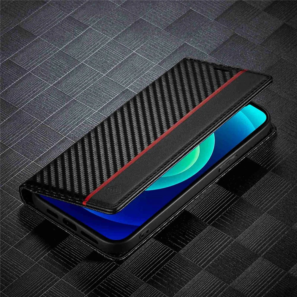 LC.IMEEKE for iPhone 14 6.1 inch Carbon Fiber Texture PU Leather Phone Wallet Stand Case Magnetic Auto Closing Protective Cover - Vertical Stripe - 5